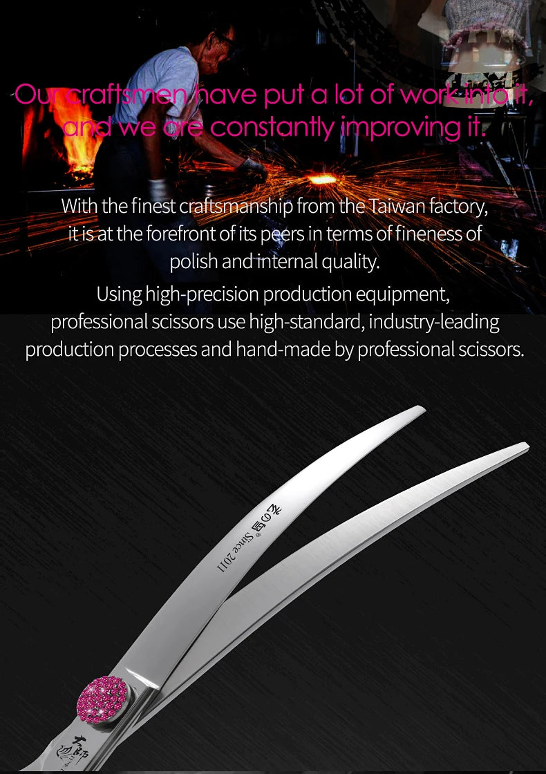Fenice Pink Diamond Screw Pet Super Curved Scissors 45° 6.5/7.5inch Pet Dog Grooming Scissors Trimming Shear For Pet Beauticians