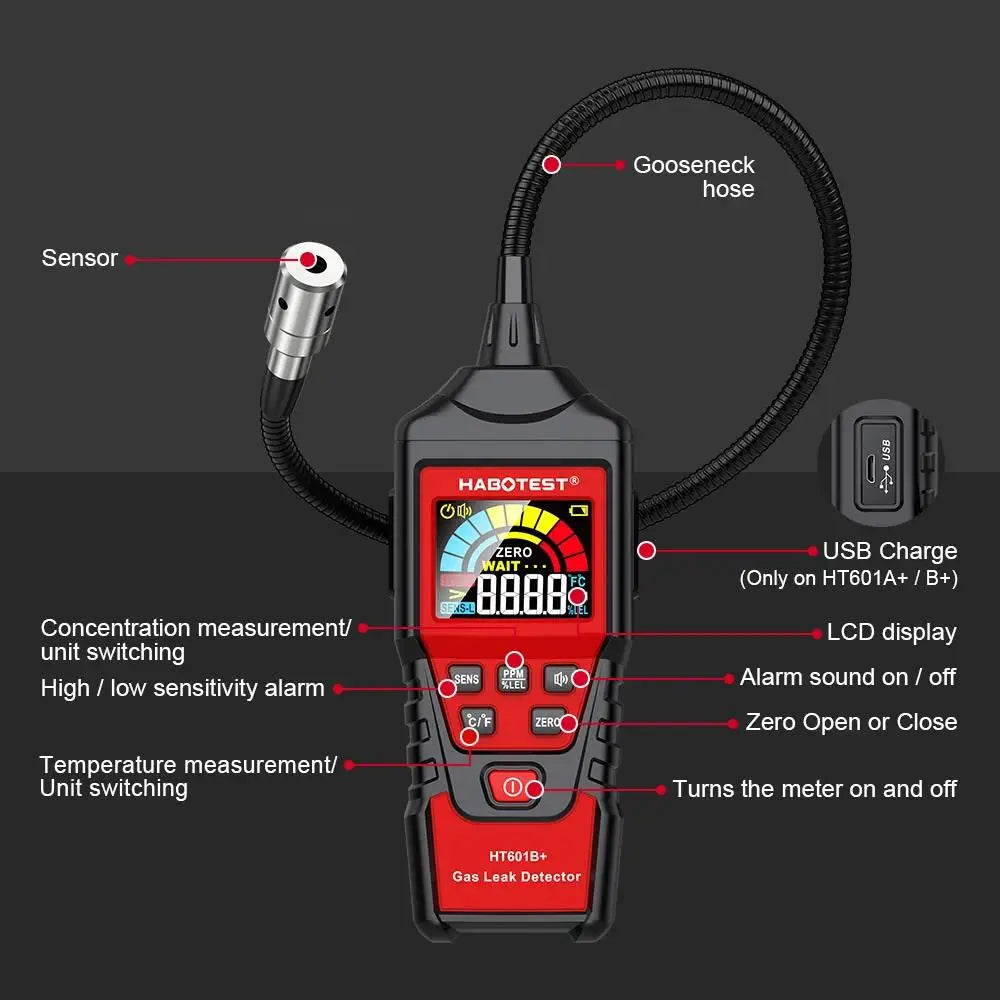 HABOTEST HT601A HT601B Gas Leak Detector 0-1000PPM Sound & Screen Alarm Combustible Flammable Natural Methane Gas Detector