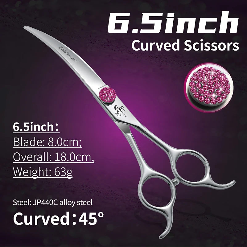 Fenice Pink Diamond Screw Pet Super Curved Scissors 45° 6.5/7.5inch Pet Dog Grooming Scissors Trimming Shear For Pet Beauticians