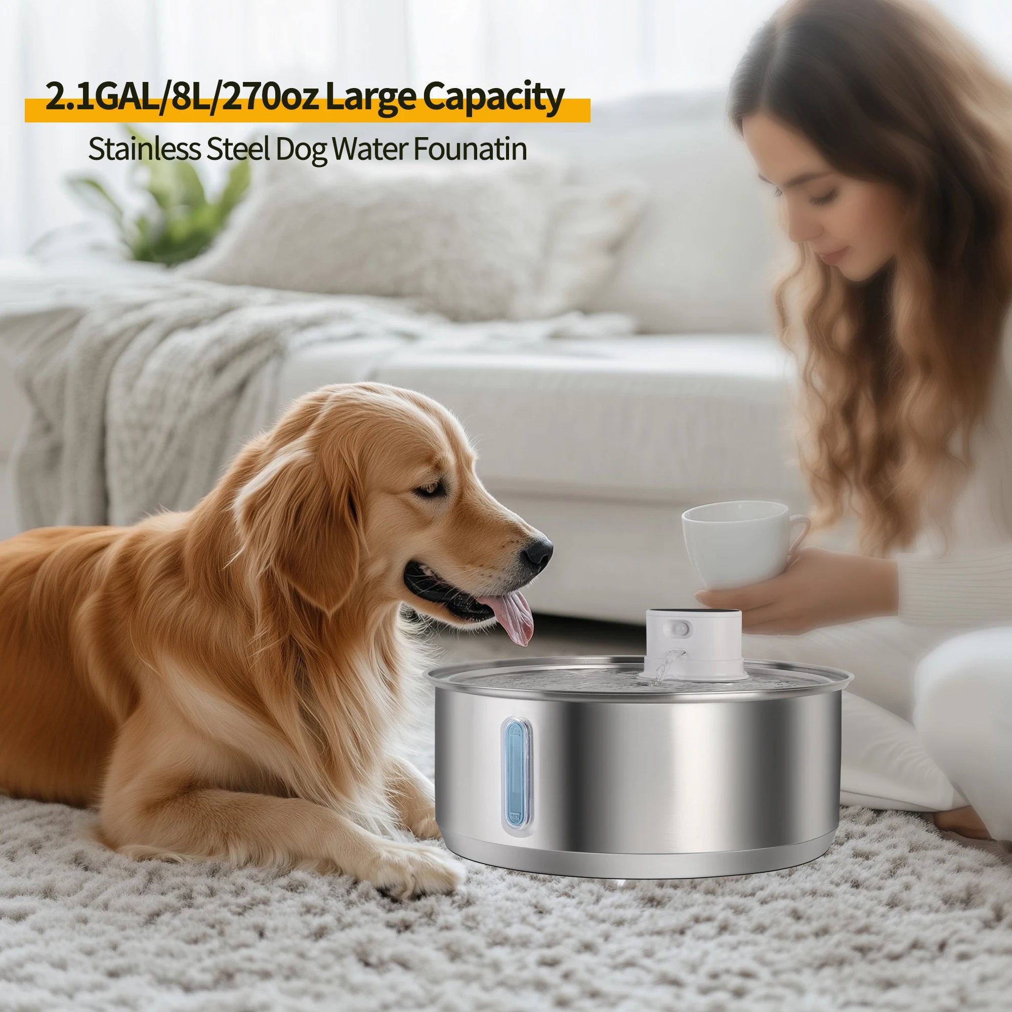 Petavista 8L Automatic Stainless Steel Dog Water Fountain 5000mAh Wireless Pet Drinker Battery & Sensor 2 in 1 Dispenser for Dog