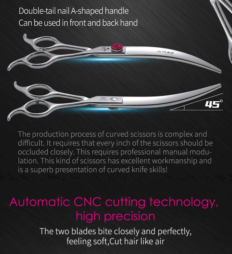 Fenice Pink Diamond Screw Pet Super Curved Scissors 45° 6.5/7.5inch Pet Dog Grooming Scissors Trimming Shear For Pet Beauticians