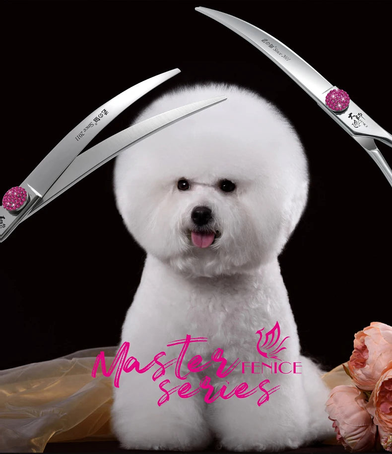 Fenice Pink Diamond Screw Pet Super Curved Scissors 45° 6.5/7.5inch Pet Dog Grooming Scissors Trimming Shear For Pet Beauticians