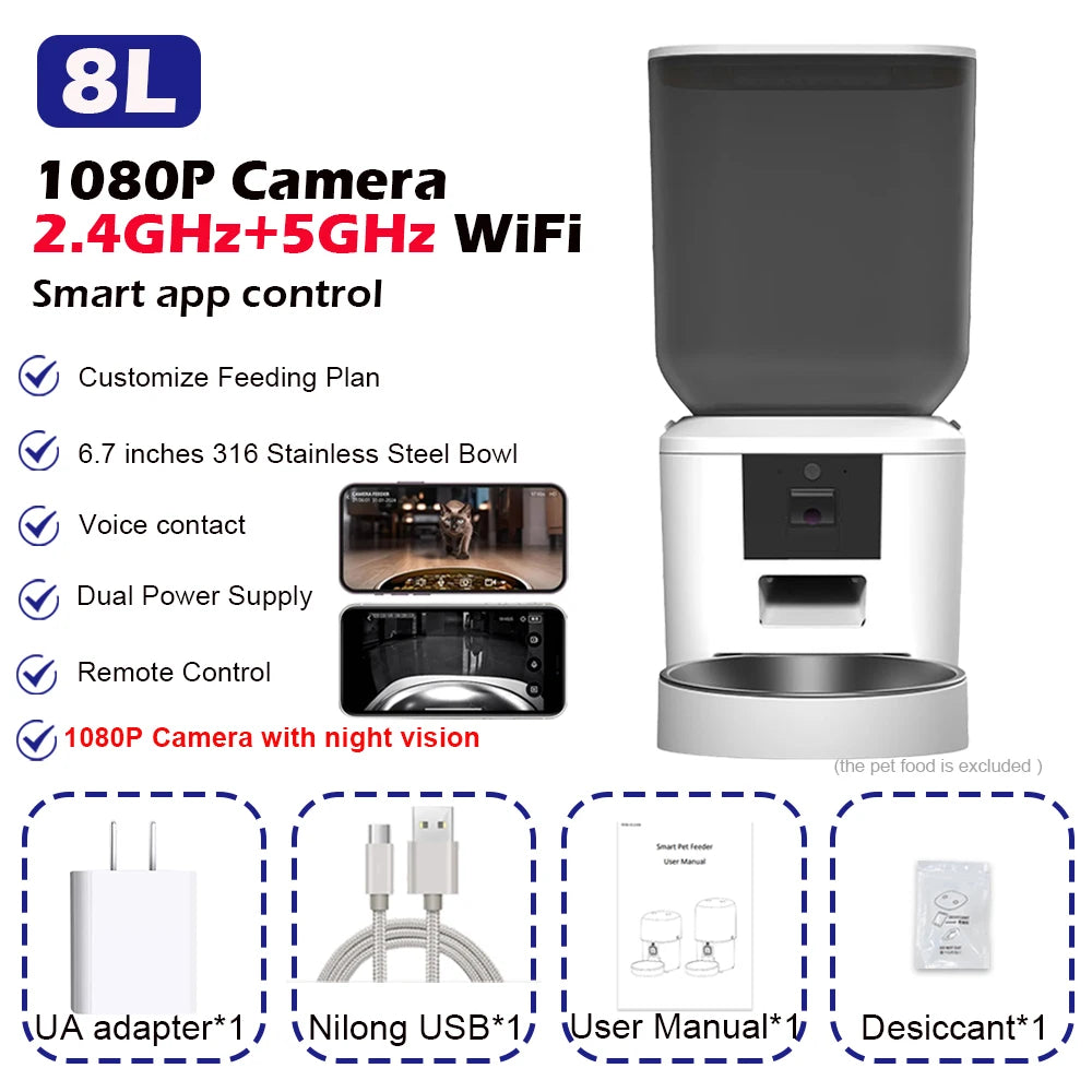 5G Automatic Cat Feeder With 1080p Camera Video WiFi Cat Food Dispenser Pet Smart Voice Recorder Remote Control Pet Auto Feeder