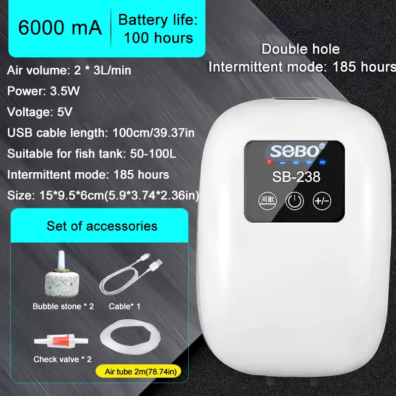 SOBO Aquarium Fish Tank Oxygen Air Pump Compressor Charging Silent USB with Battery Portable Fishing Oxygenator Outdoor Air Pump