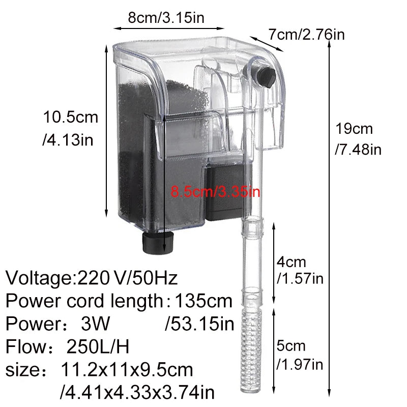 Aquarium Filter Fish Tank Silent Water Pump Purification Circulation External Filter Increase Oxygen Waterfall 220V 3w 250L/H