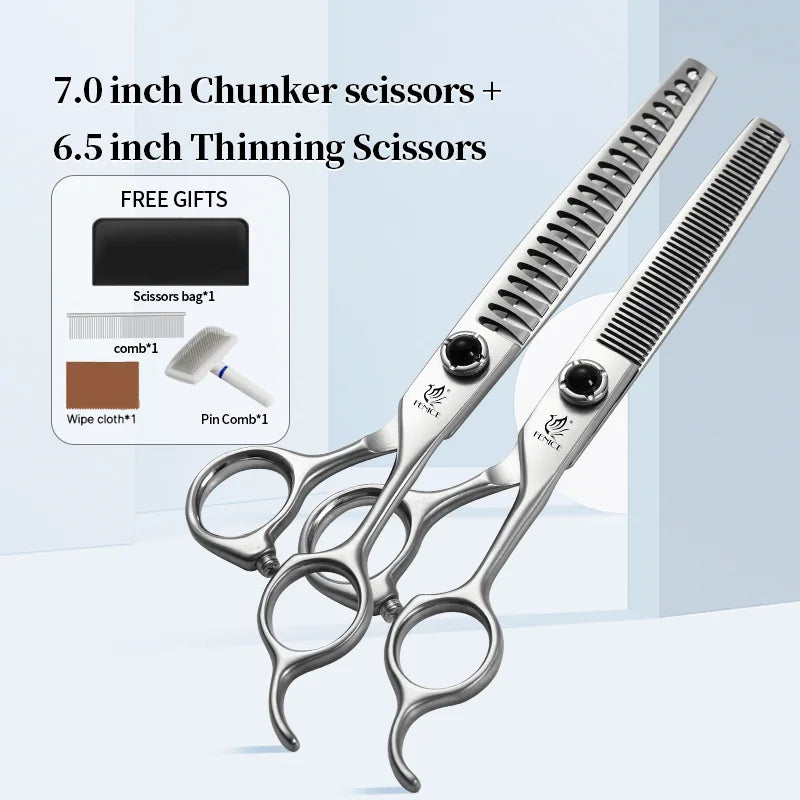 Fenice 6.5/7.0/7.5 Inch Pet Grooming Scissors Set Dog Hair Trimming Shears Cutting Thinning Curved Scissor Kit for Family Use