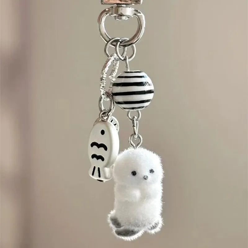 Flocking Cartoon Keychain Cute Seal Penguin Polar Bear Pendant Bag Decoration Keyring Car Key Holder Keychains Gift Fashionable