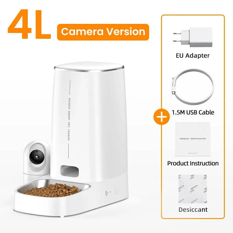 ROJECO 4L Automatic Cat Feeder With 360°Rotating Camera Vedio WiFi Cat Food Dispenser Pet Smart Voice Auto Feeder For Cats Dogs