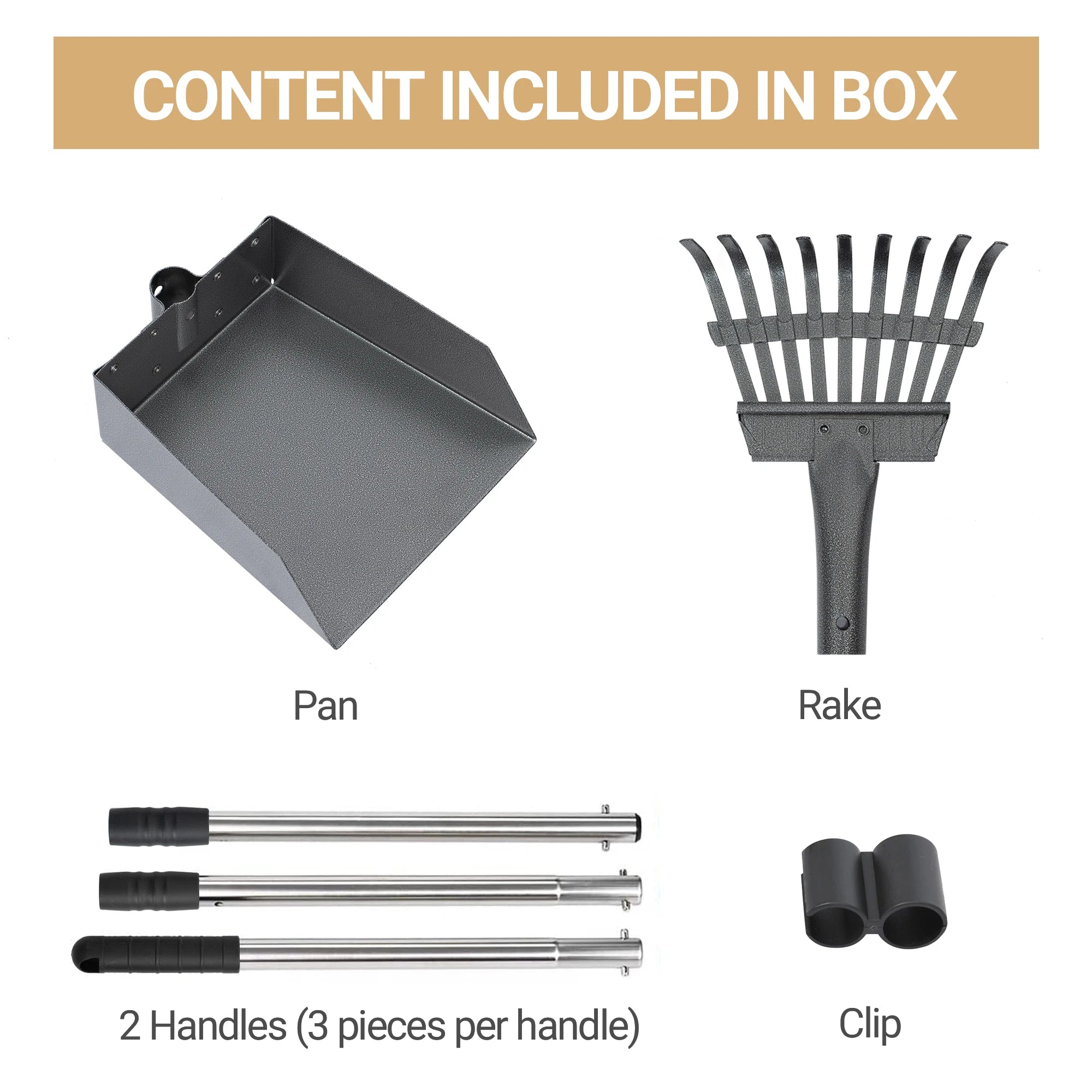 Dog Pooper Scooper, Dog Poop Tray and Rake Set, Pet Waste Removal Scoop with Long Adjustable Sectional Stainless Handles