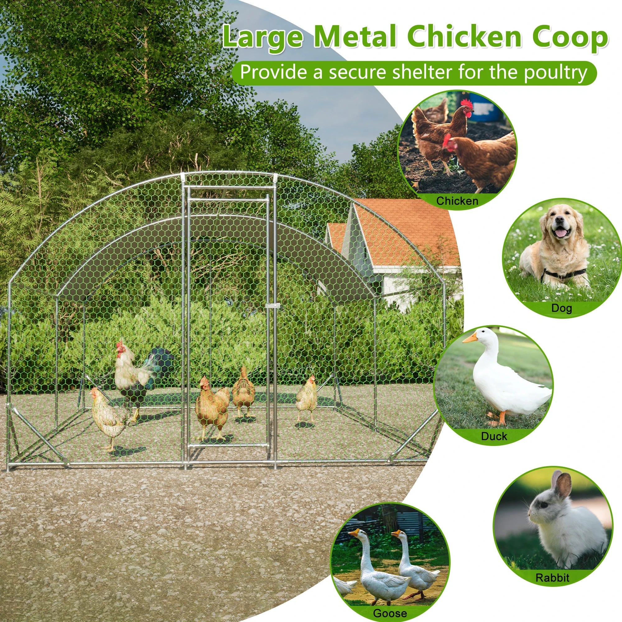Large Chicken Coop Metal Chicken Run with Waterproof and Anti-UV Cover, Dome Shaped Walk-in Fence Cage Hen House