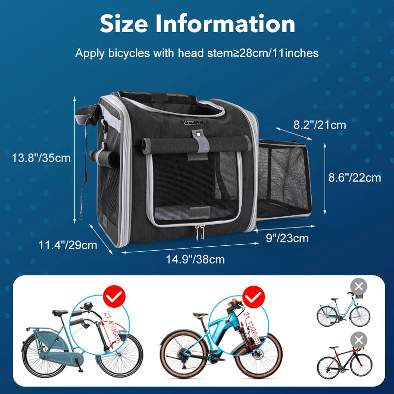 Dog or Cat Bike Basket, Expandable Soft Sided Pet Carrier Backpack with 4 Open Doors, Foldable Dog Bike Carrier