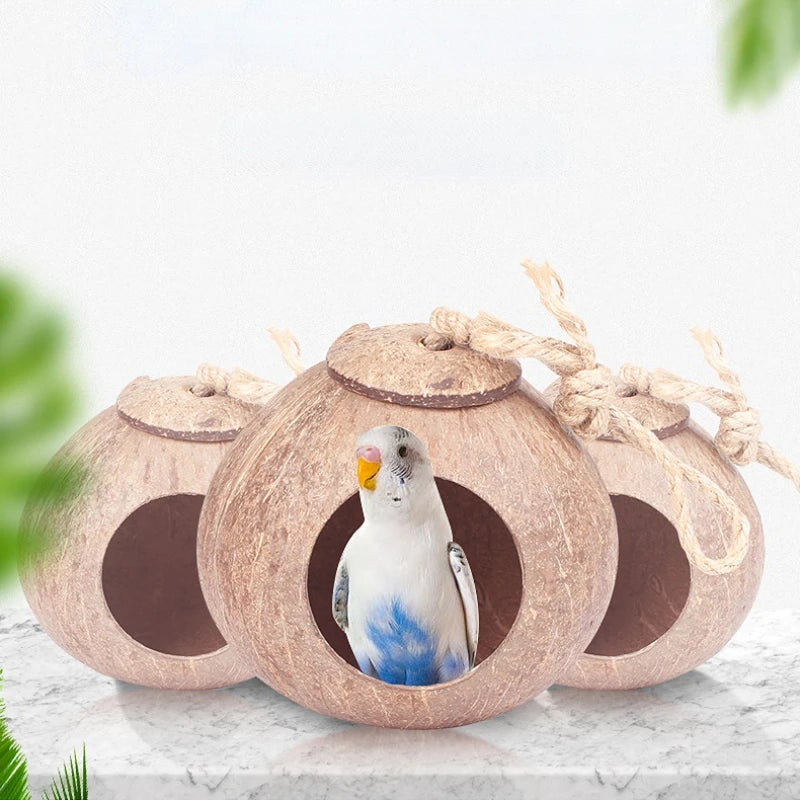 Coconut Bird Nest Hut with Ladder for Parrots Parakeet Conures Cockatiel - Small Animals House Pet Cage Habitats Decor
