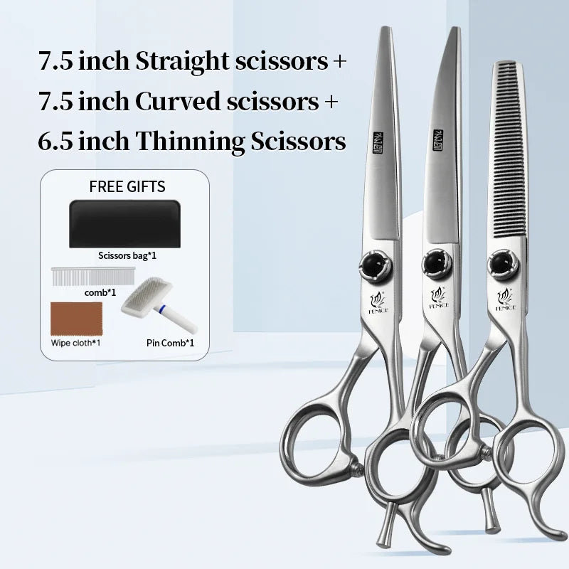 Fenice 6.5/7.0/7.5 Inch Pet Grooming Scissors Set Dog Hair Trimming Shears Cutting Thinning Curved Scissor Kit for Family Use