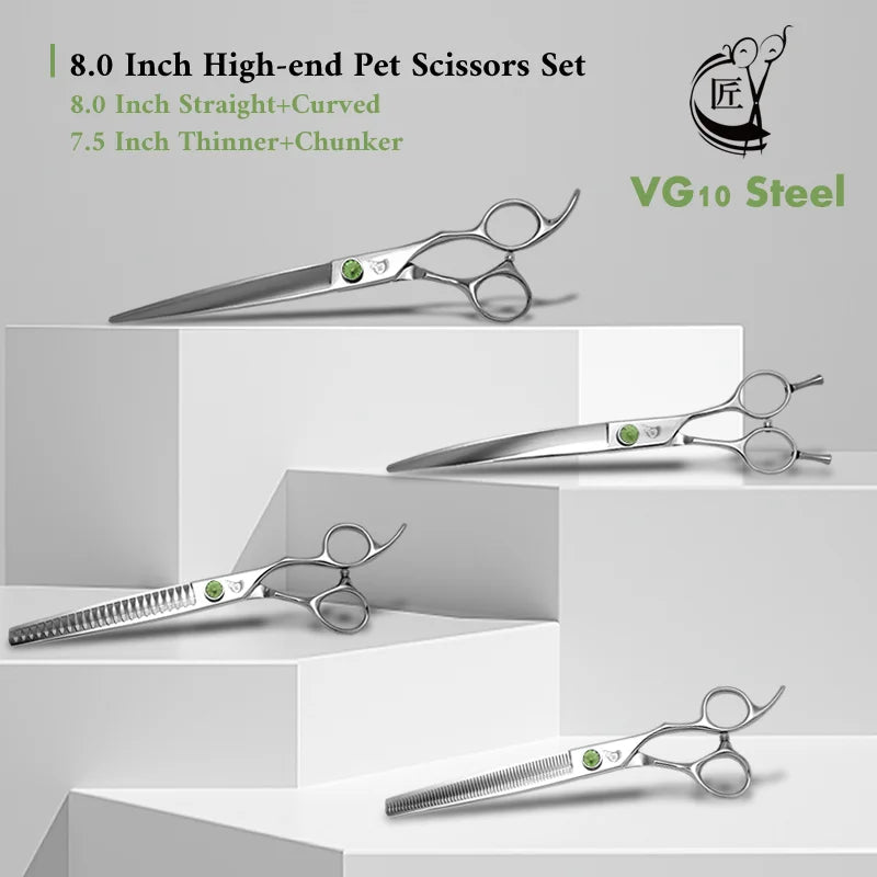 Crane 8 Inch Professional Pet Scissors Set Dog Grooming Scissor VG10 Steel Kit High-end Straight Curved Chunker Thinning Shears