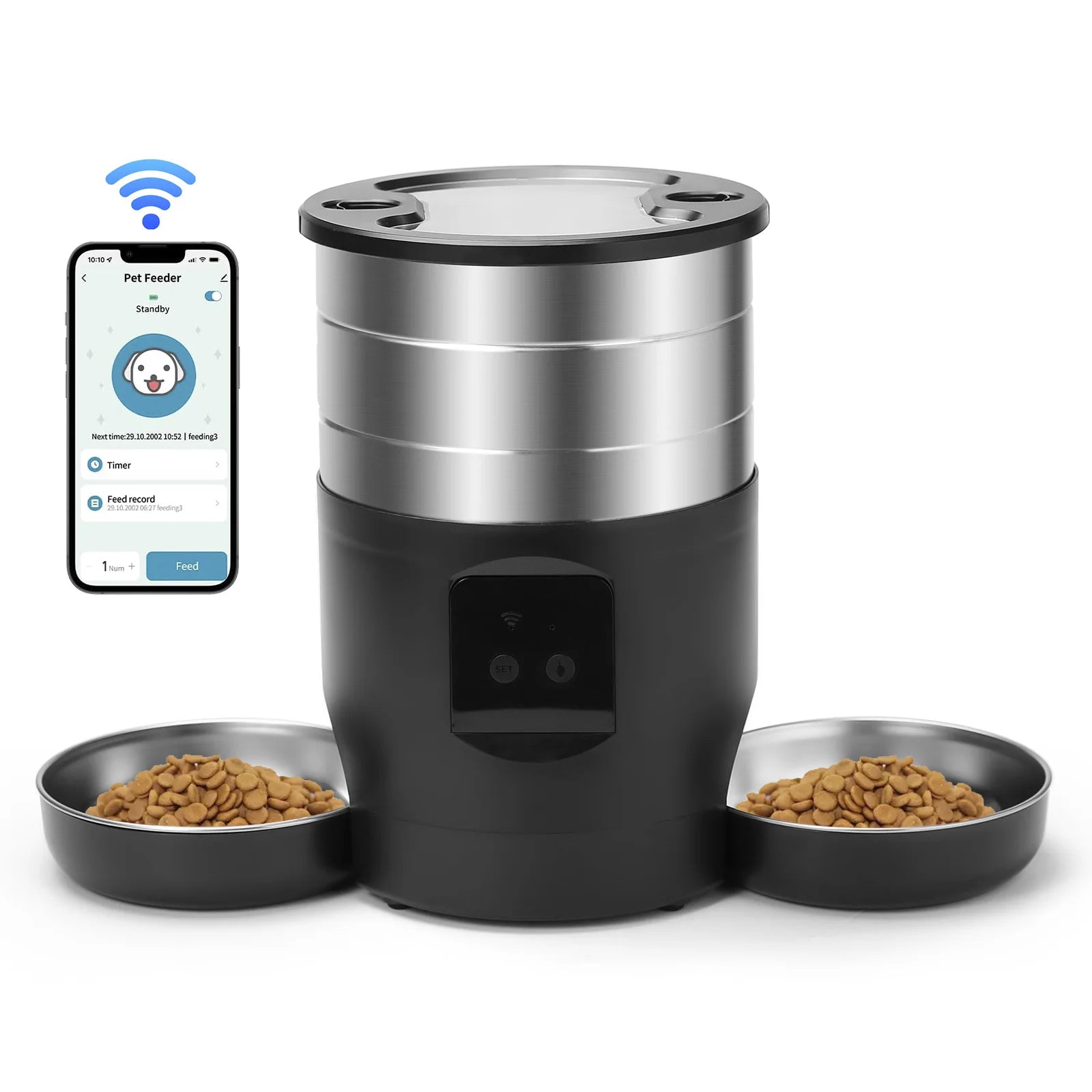 4.5L Automatic Cat Feeder With WiFi Button Smart Pet Cat/Dogs Food Dispenser Two Stainless Steel Bowls Feeder Pet Supplies