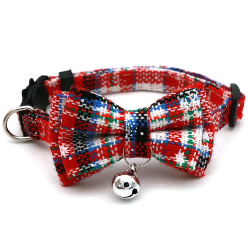 Pet Breakaway Cat Collar Bow Tie And Bell Cute Plaid Christmas Red Elastic Adjustable Dog Collar With Sash Small Bell For Cats