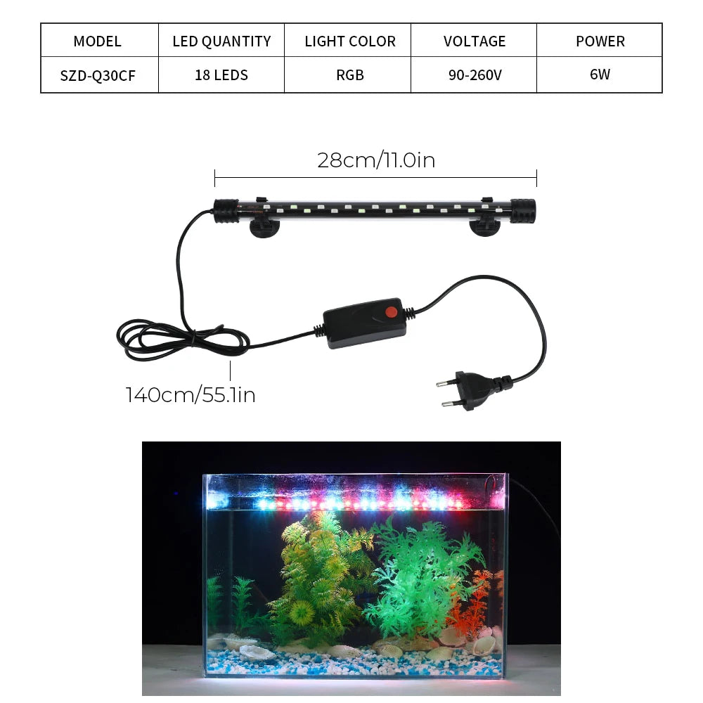 Fish Tank Light Bar Underwater RGB EU Plug AC 90~260V Aquarium Submersible Lamp Waterproof 28/38/48cm