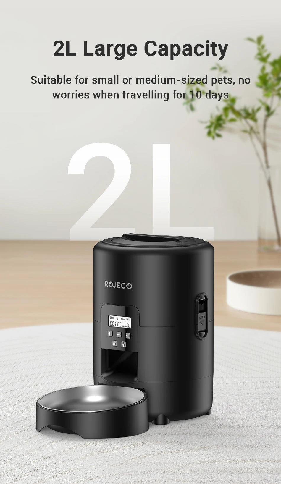 ROJECO 2L Automatic Pet Feeder Smart Cat Food Kibble Dispenser Button Version Smart Control Auto Dog Feeder For Cat Dog Supplies