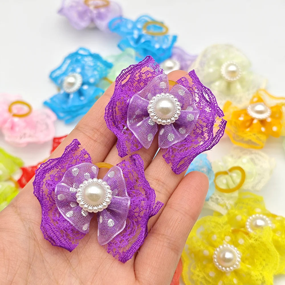 10pcs Bright Double-layer Lace Bows For Dogs 13 Colors Dog Grooming Hair Accessories Pet Rubber Band Hair Clips Puppy Supplies
