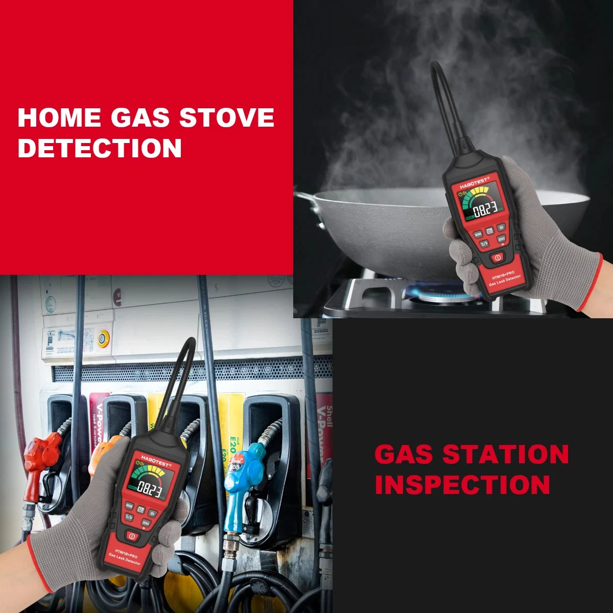 HABOTEST HT601B+PRO Gas Leak Detector 0-9999PPM Flexible probe Quick response Combustible Natural Methane Gas Detector